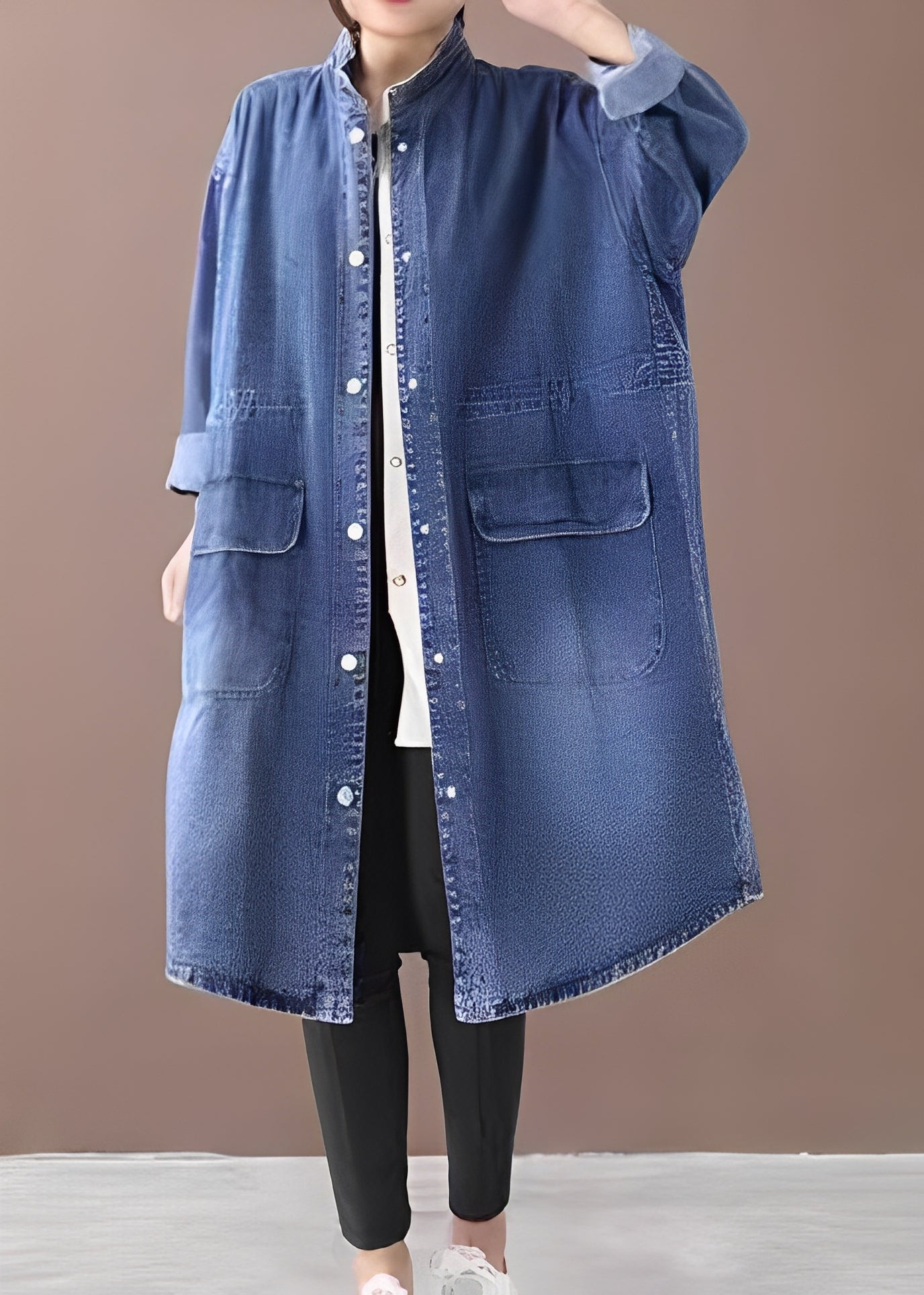 Jacinda - Chaqueta de mezclilla amplia con cuello alto para mujer