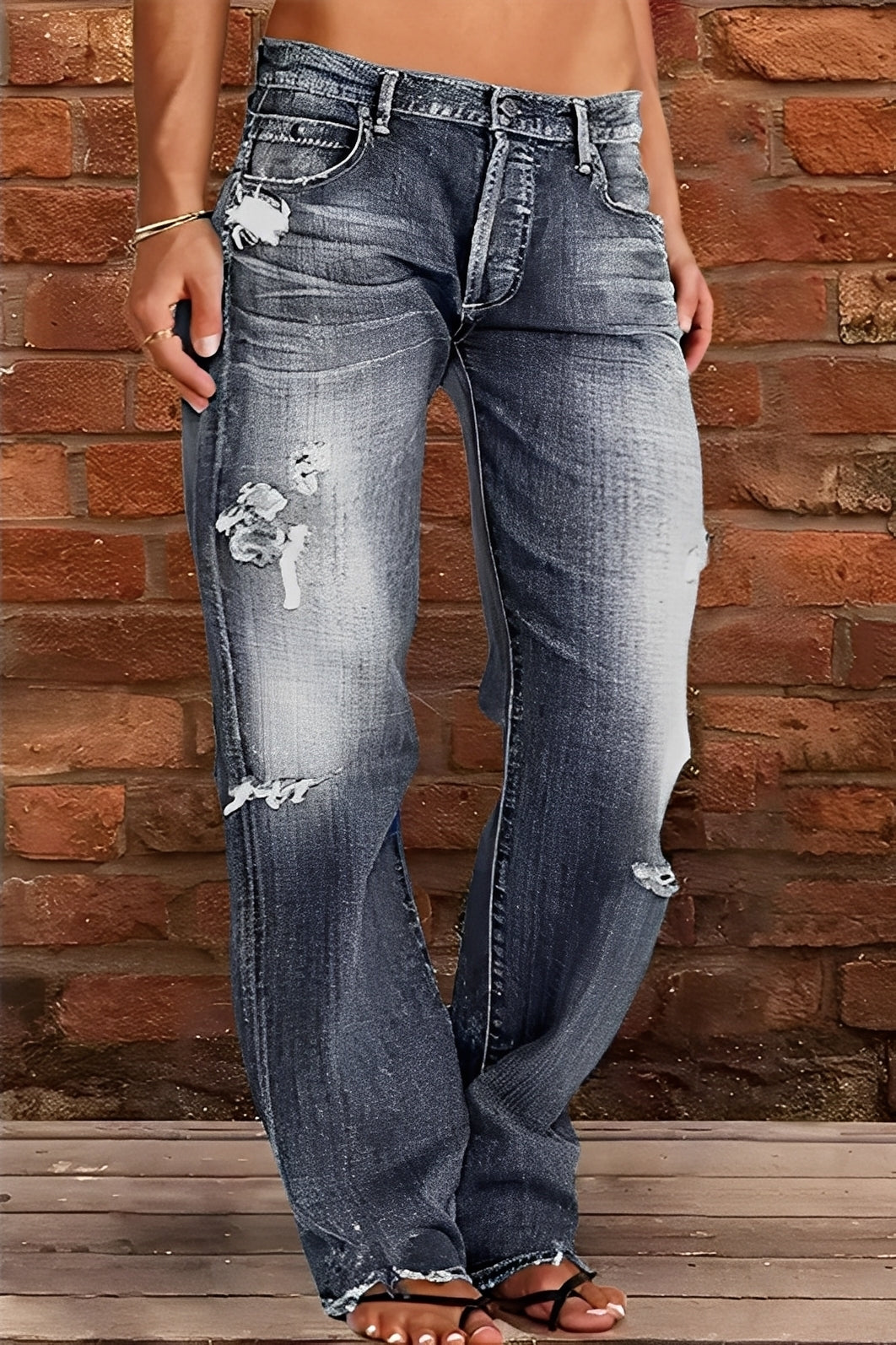 Demetria - Jeans Clásicos Lavados de Tiro Bajo para Mujer
