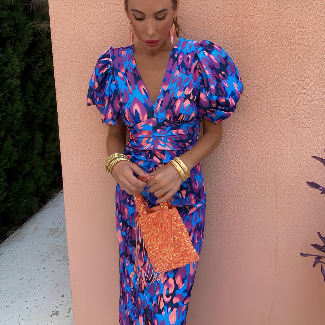 Gaëlle - Vestido colorido con mangas plisadas para mujer