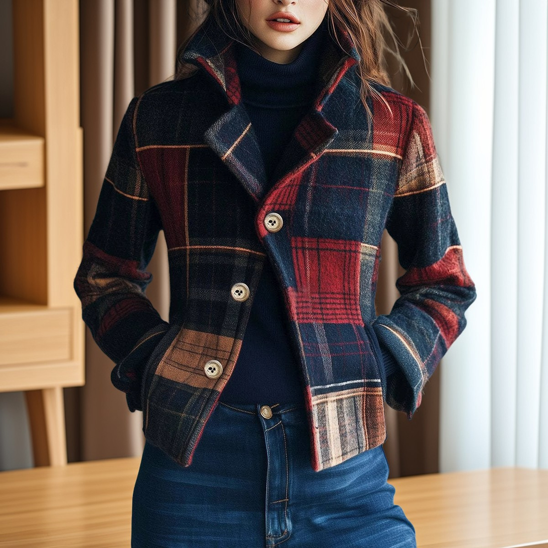 Aubriana - Chaqueta de cuadros retro con cuello alto para mujeres