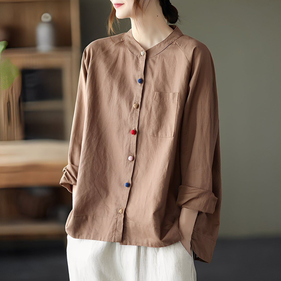Helen - Blusa holgada para mujeres con mangas largas y bolsillos