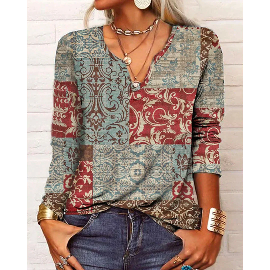 Katharina - Blusa Bohemia Multicolor de Manga Larga y Escote en V