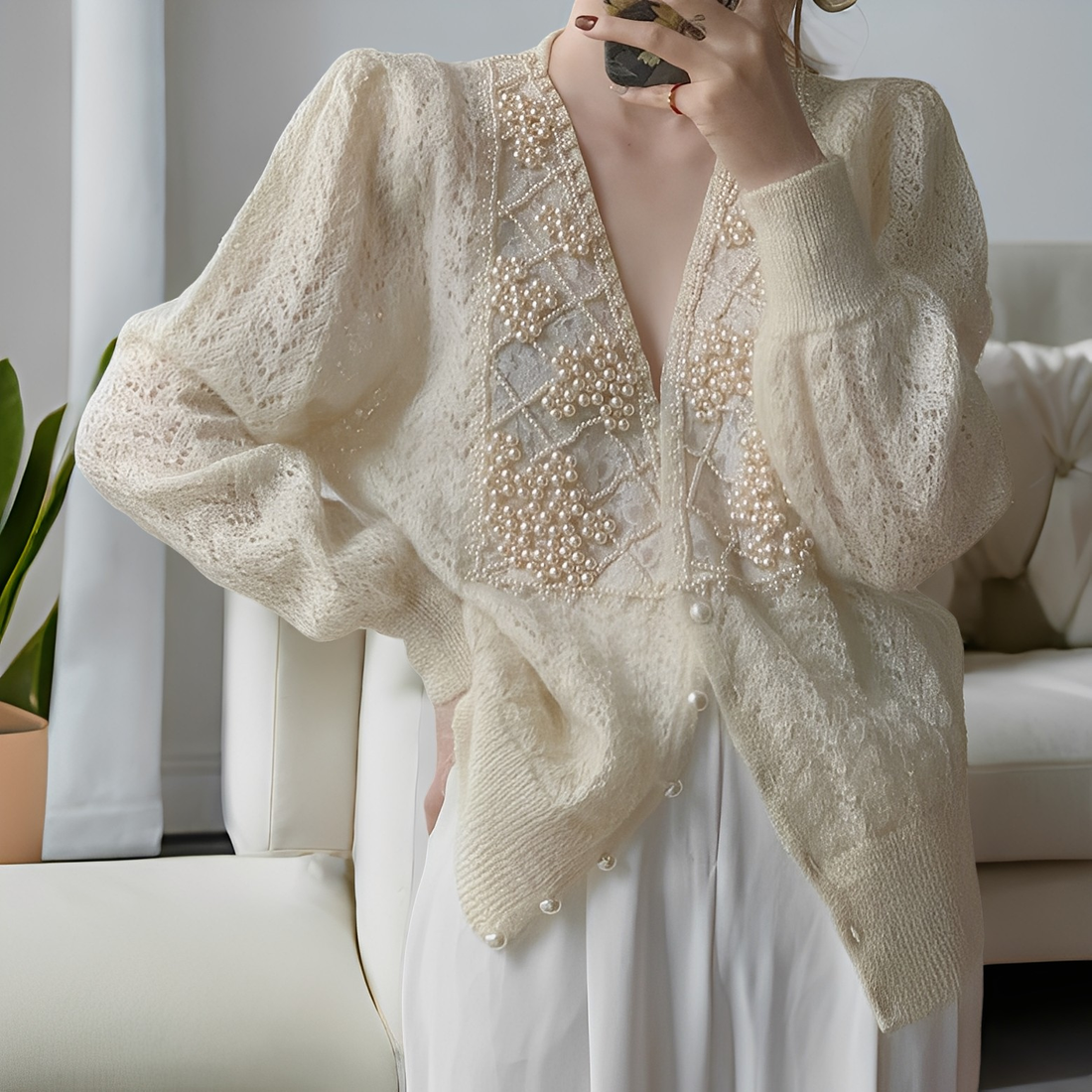 Jolie - Suéter elegante de punto con botones de perlas