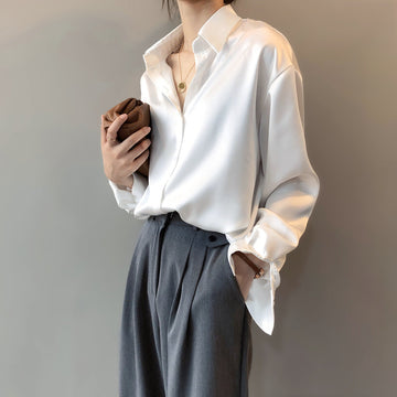 Briana - Blusa de seda satinada elegante con botones para mujer