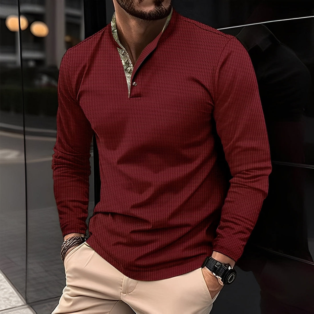 Crofton - Polo elegante de manga larga con textura waffle para hombres
