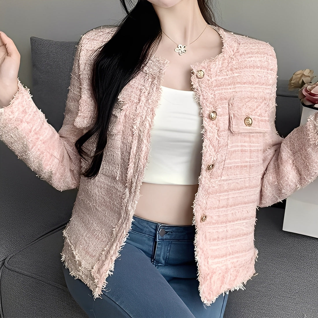 Rexanne - Chaqueta moderna y corta con bolsillos para mujeres