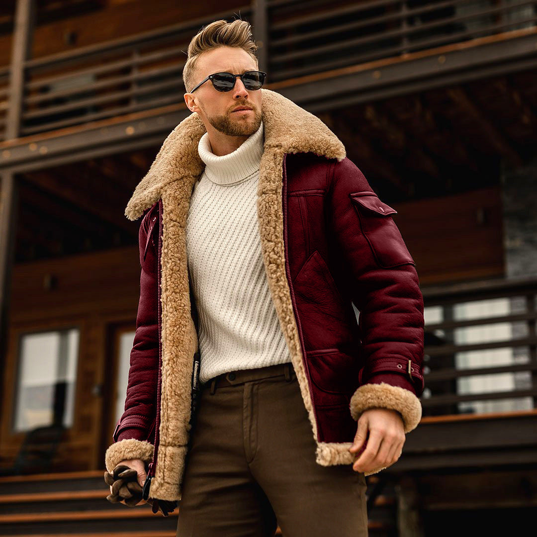 Richard - Chaqueta de cuero táctica con cuello de piel para hombres