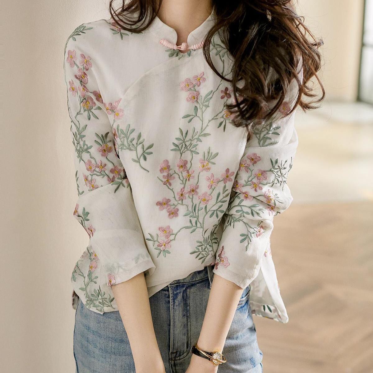 Charnette - Bonita blusa de lino bordada para mujer