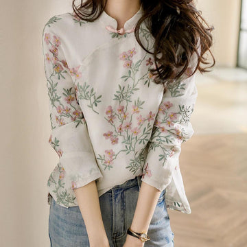 Charnette - Bonita blusa de lino bordada para mujer