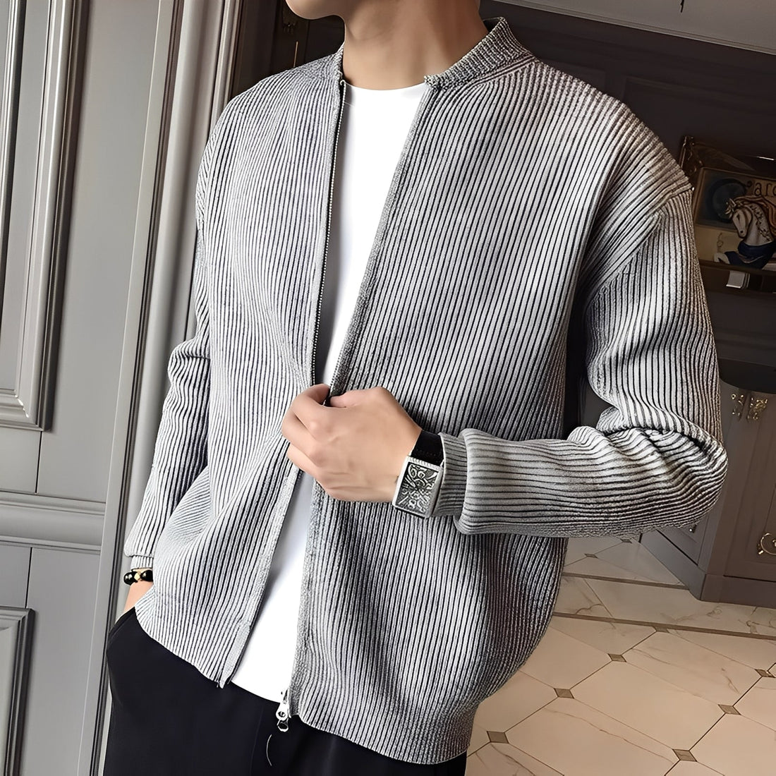 Damon - Suéter retro de punto con cierre para hombres