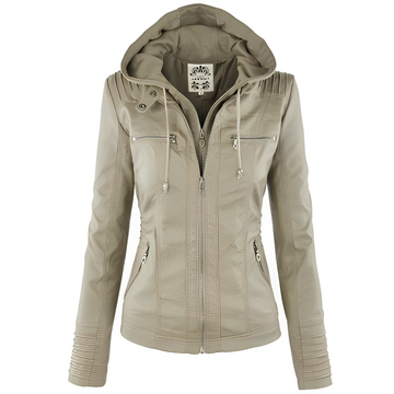Janene - Chaqueta de cuero casual impermeable con capucha para mujeres