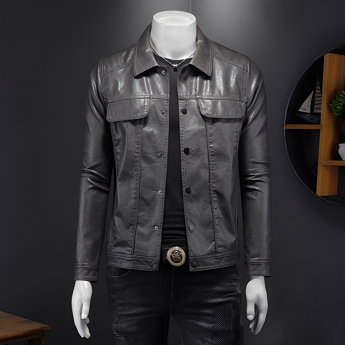 Déodat - Chaqueta de cuero masculina con mangas largas