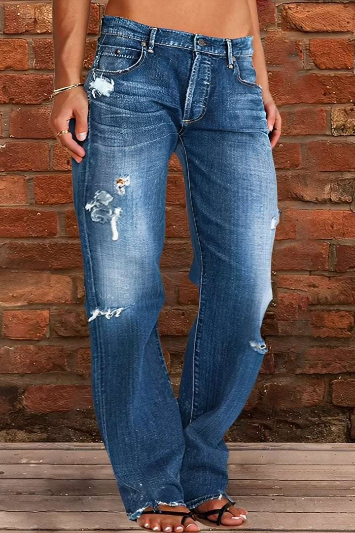 Demetria - Jeans Clásicos Lavados de Tiro Bajo para Mujer