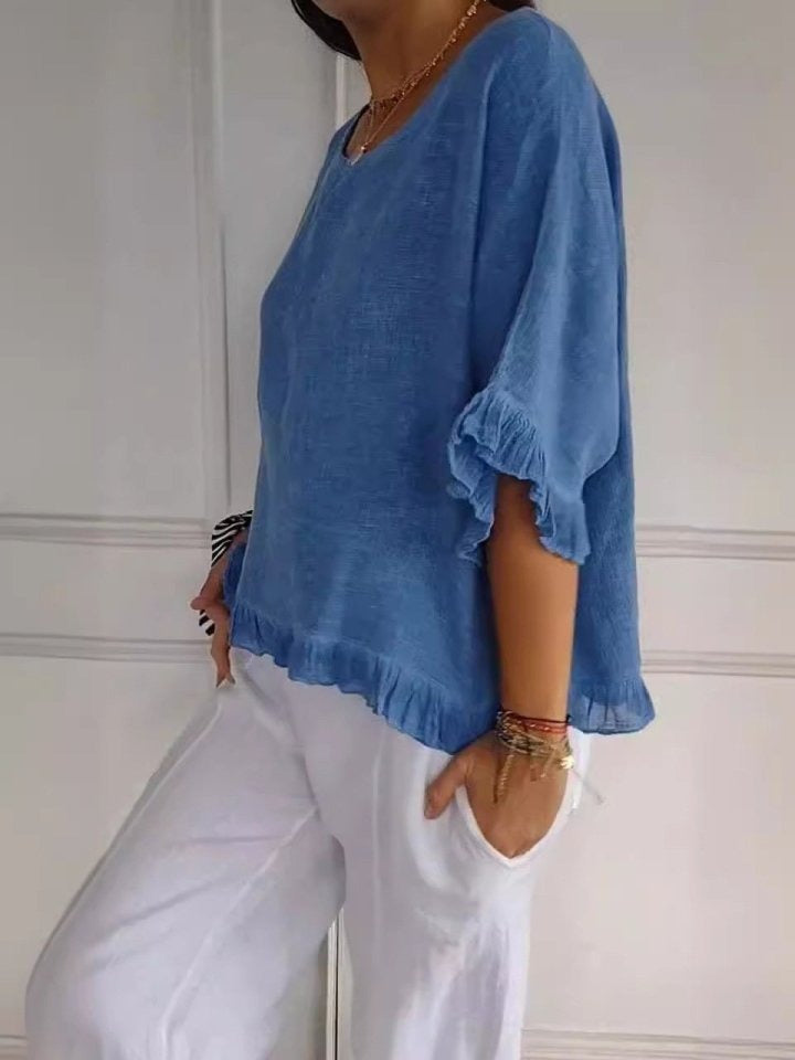 Arcella - Blusa informal chic con mangas con volantes para mujer