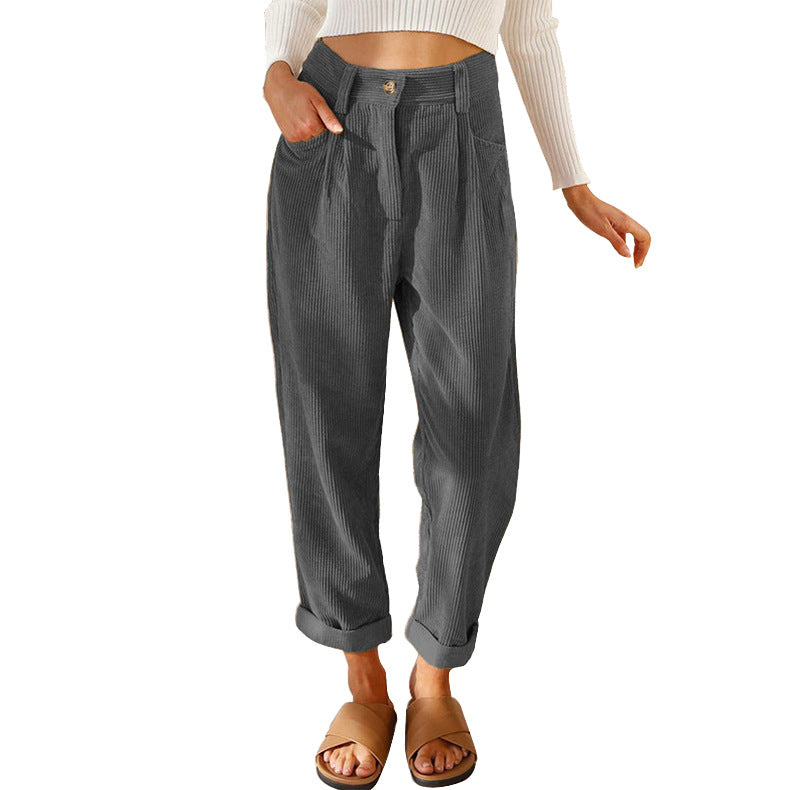 Chelsie - Pantalones de pana informales de talle alto para mujer