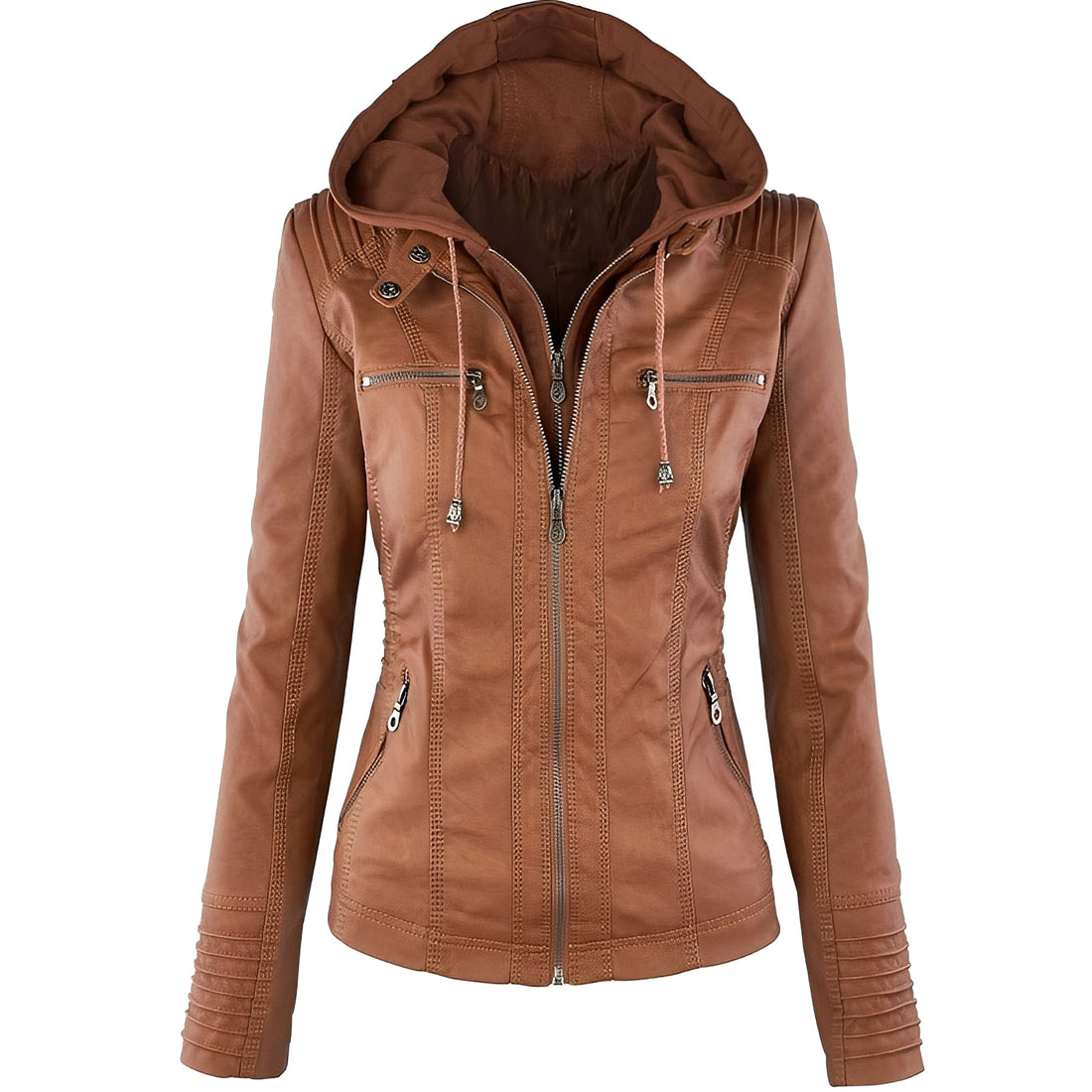 Janene - Chaqueta de cuero casual impermeable con capucha para mujeres