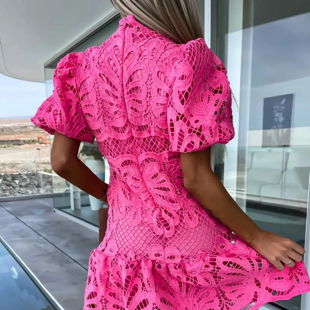 Aira - Blusa de encaje, mangas cortas abullonadas, corte en A