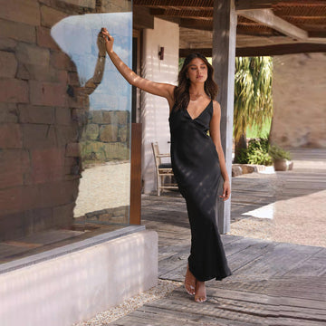 Annalie - Vestido de Noche de Satén, Escote en V, Espalda Descubierta, Abertura