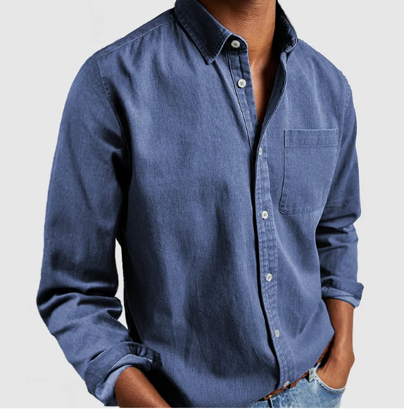 Evander - Hombres Camisa Casual de Mezclilla, Mezcla de Algodón Suave