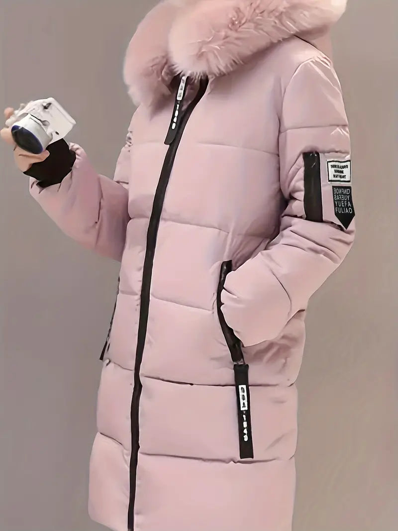 Justine - Abrigo rosa con capucha, cremallera y diseño acolchado