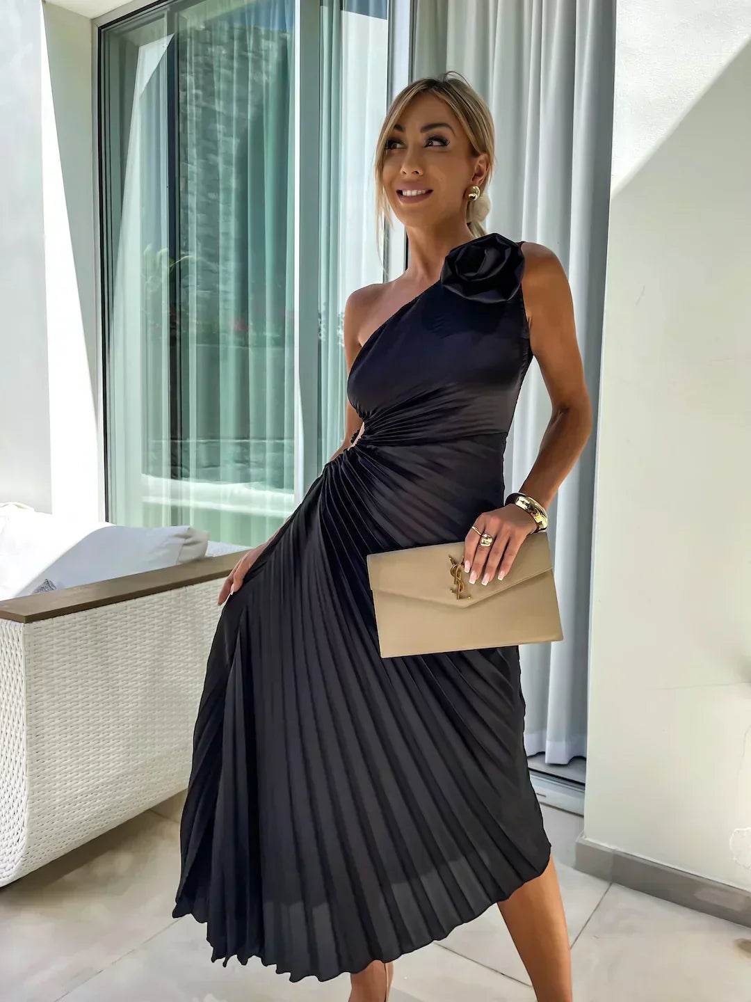 Mandy | Elegant Shoulder Pleated Dress - Image 12
