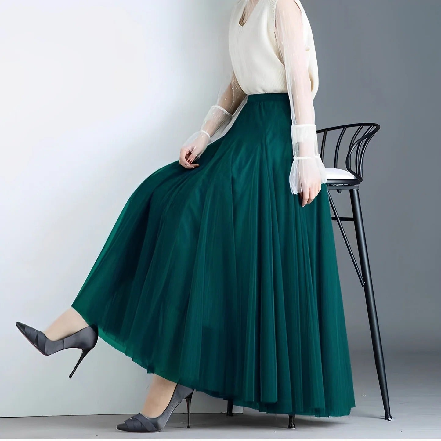 Kelly - Falda midi de malla plisada casual para mujer