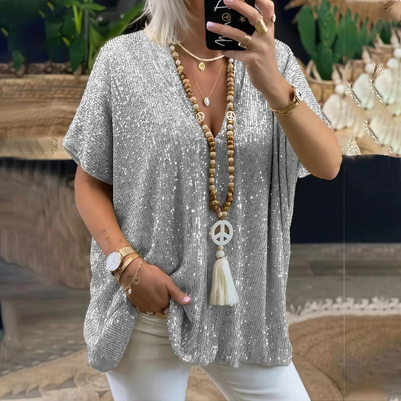 Paola - Camiseta de lentejuelas con cuello en V