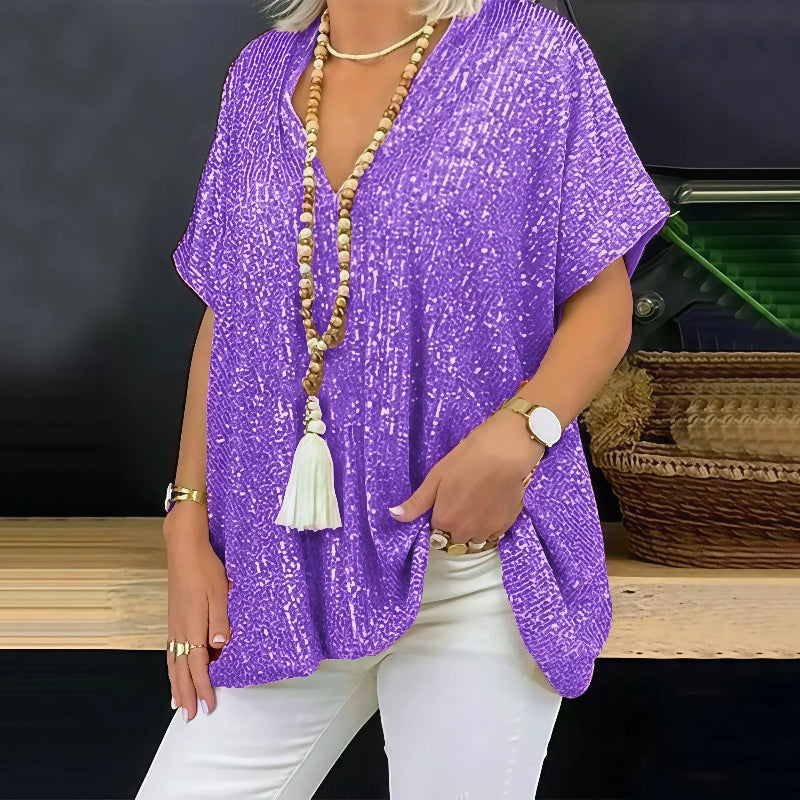 Paola - Camiseta de lentejuelas con cuello en V